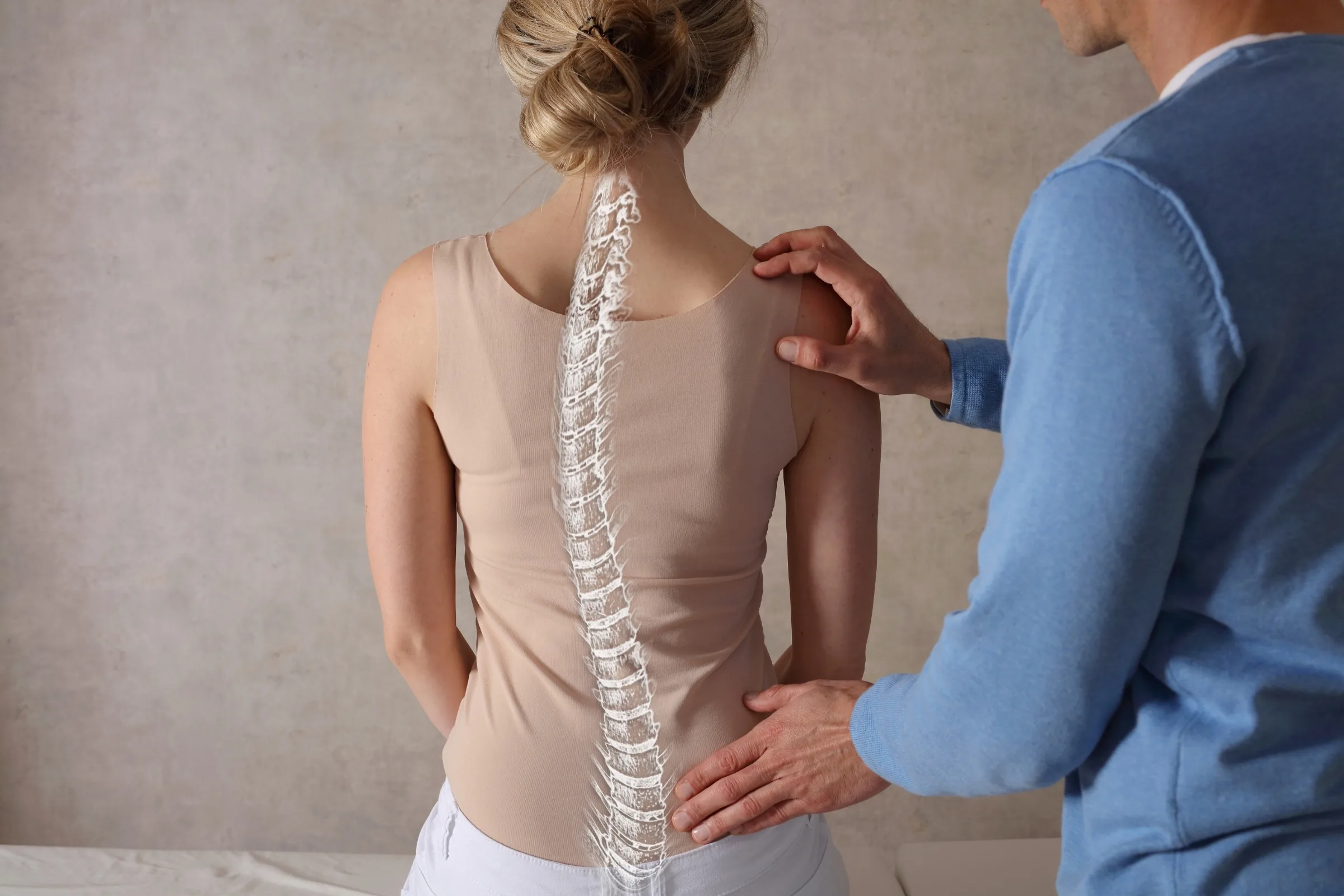 Hands checking a back beside a spine illustration